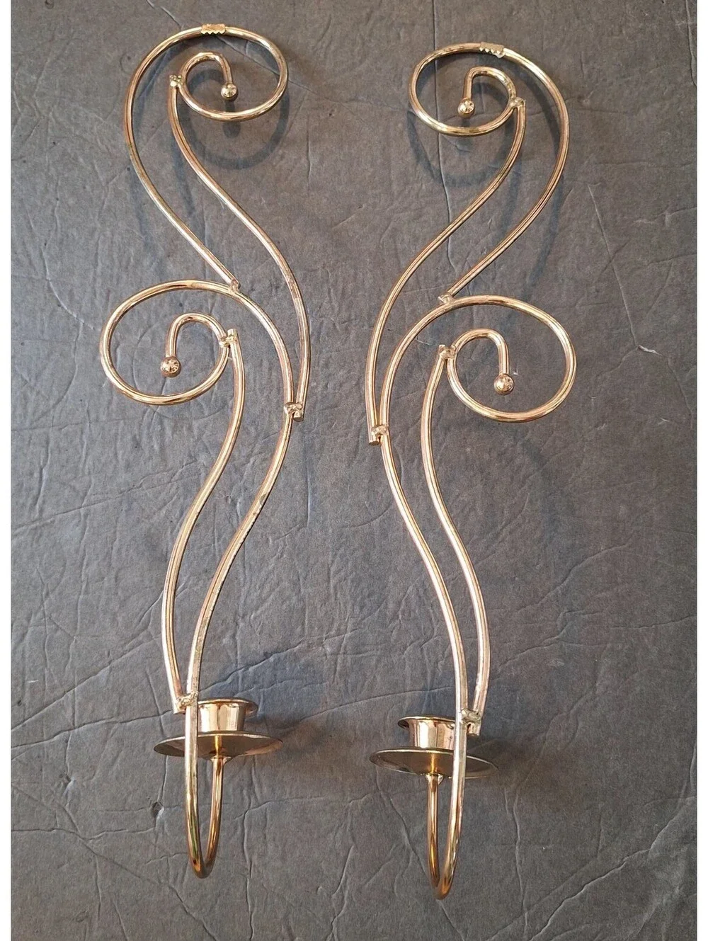 VTG Pair of Gold Tone Metal Candle Holder Wall Sconces Swirl/Scroll Design 17